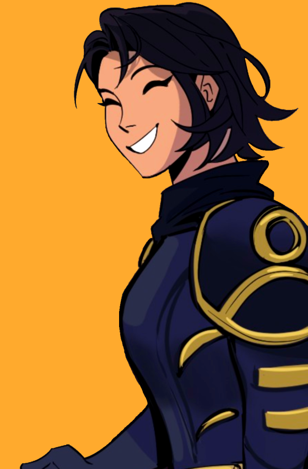 A close up of Cassandra Cain as Orphan against a yellow background. She's not wearing her hood so we can see her huge grin.