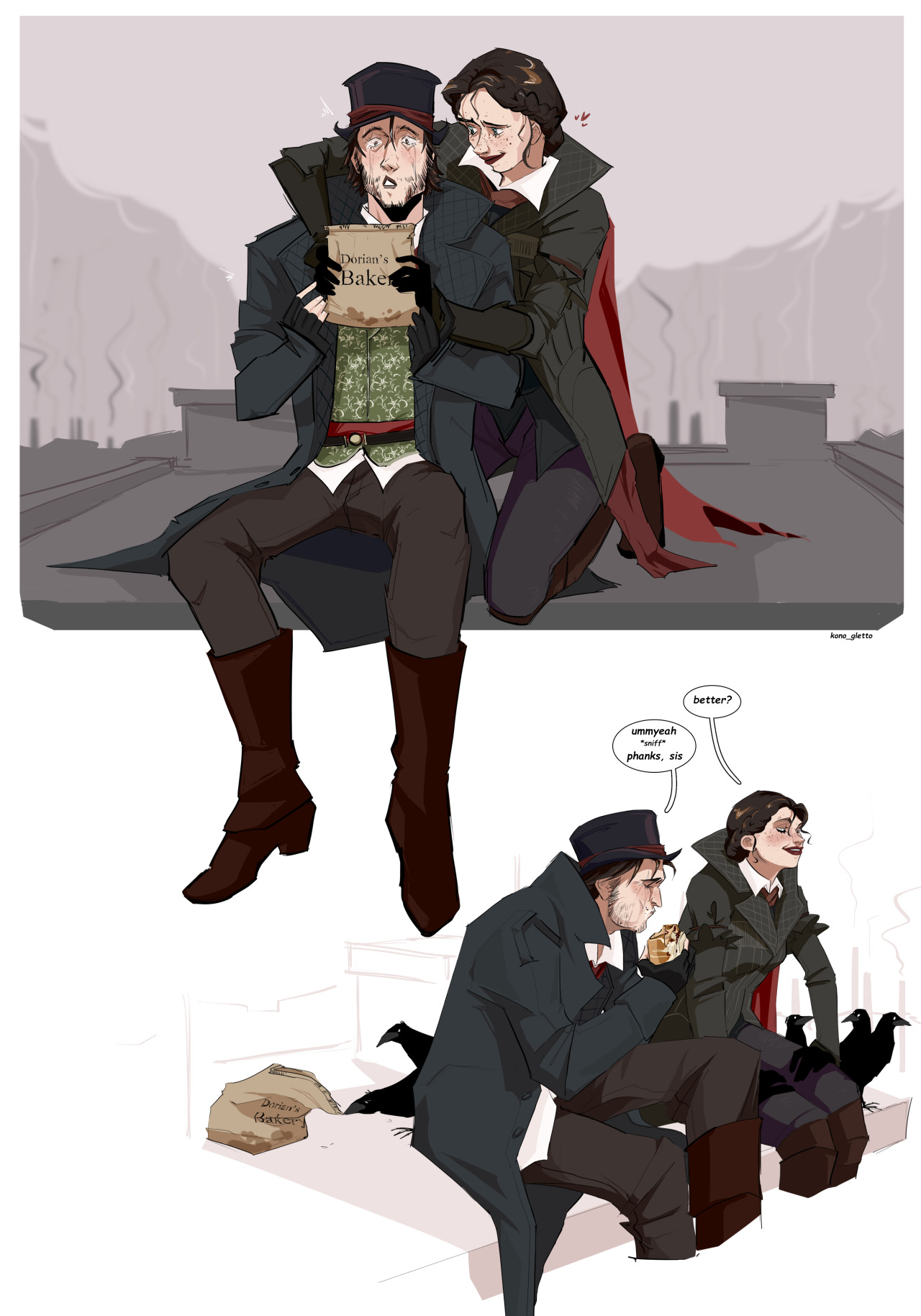 evie feeding her brother cause he it makes him feels better(it makes me feels better anyway) #Assassins Creed #Assassin’s Creed Syndicate #Frye twins#evie frye#jacob frye