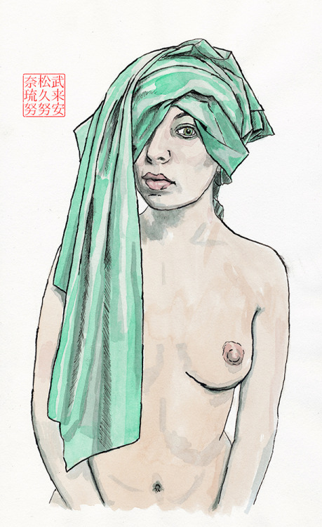bryanjamesart: The Green Headscarf - ink and watercolour.