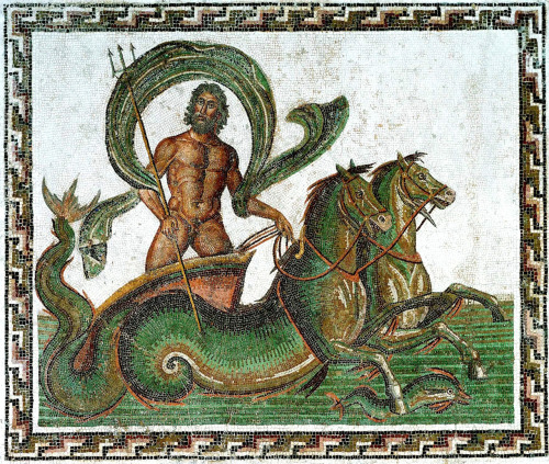 ufansius:Mosaic of Neptune riding a chariot pulled by two seahorses - Hadrumetum (modern Sousse, Tun