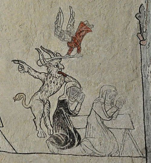 fuckyeahwallpaintings:Devil and praying women, Linde church, Gotland, Sweden, 15th centuryrestored/ 