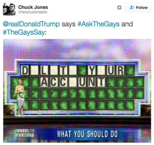 revolutionarykoolaid:Donald Trump’s orange creamsicle looking ass had the nerve to “ask the Gays” if