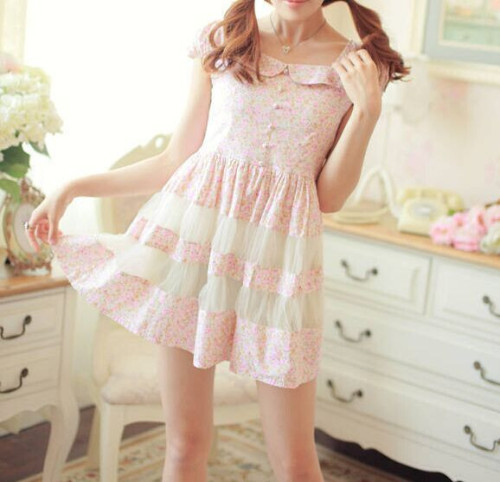 syndromestore:Korean Lovely Flower Cotton Short-Sleeved Dress