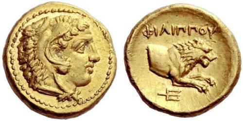 Gold half-stater of King Philip II of Macedon (r. 359-336 BCE), father of Alexander the Great. 