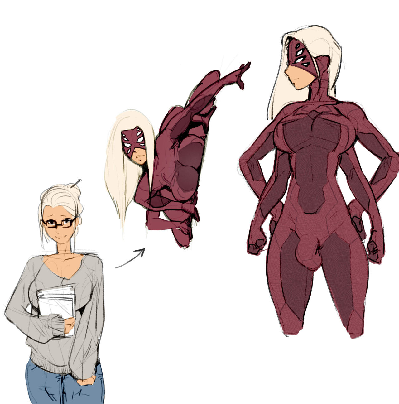 r4drawings:  bloop, some superhero design concept  she has four arms, a big thick