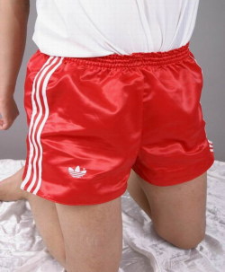menloveshortshorts:  Shiny Red Shorts 