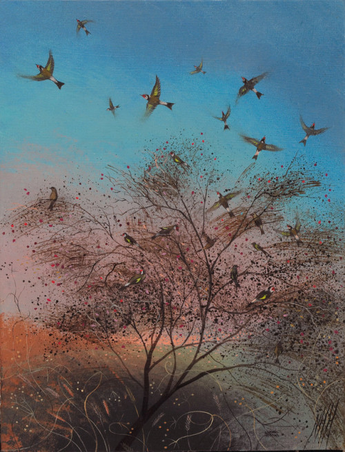 Nicholas Hely Hutchinson (b.1955) - Goldfinches. Oil on board.