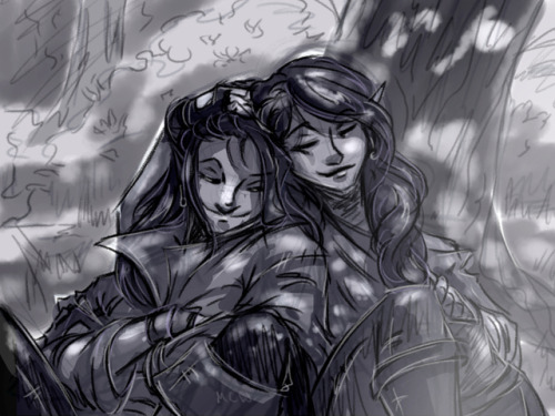 mcatwhite:Sometimes I just miss the twins. [image description: a grayscale drawing of Vax and Vex, s