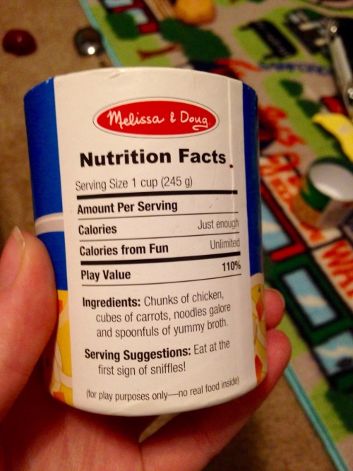 katimorton:
“ grilledcheese-samwich:
“ I was babysitting today and we were playing with his kitchen set, and I couldn’t help but appreciate how adorable the nutrition labels were. Why can’t all nutrition labels look like this?
”
LOVE THIS!!
”
Because...