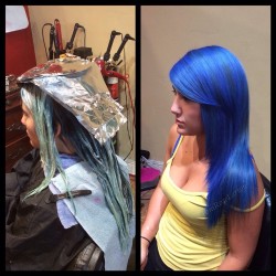 tonilarson:  💚Decolorized all the GREEN💚 And now we have a beautiful BLUE!💙💙💙 @pravana #pravana #pravanavivids @behindthechair_com #btconeshot #btconeshot_transformation #btconeshot_hairpaint #btconeshot_color #btcpics #behindthechair @modernsalon