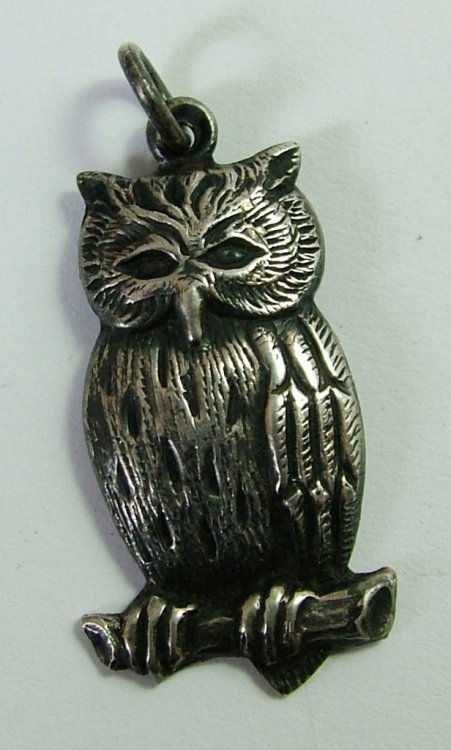 Antique Edwardian c1910 Pressed Silver Owl Charm(Found on sandysvintagecharms)