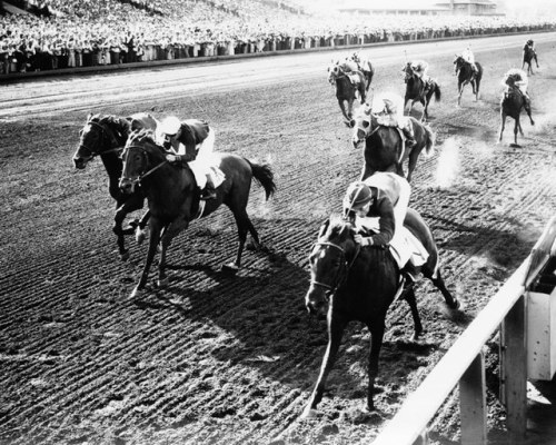 “Bewitch wins the 1947 Washington Park Futurity over stablemates Citation (center) and Free America.