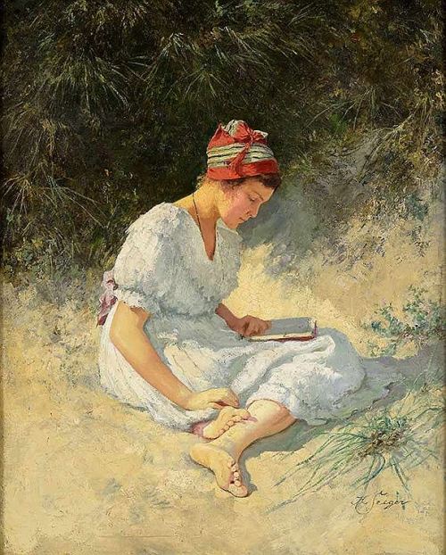 books0977:Reading in the Dunes. Hermann Seeger (German, 1857-1920). Oil on canvas.Seeger studied at 
