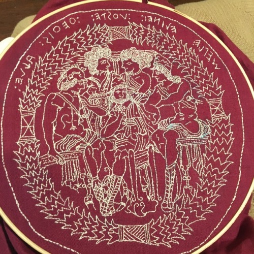 clodiuspulcher: One more embroidered Etruscan mirror! This one is white thread on Tyrian purple line