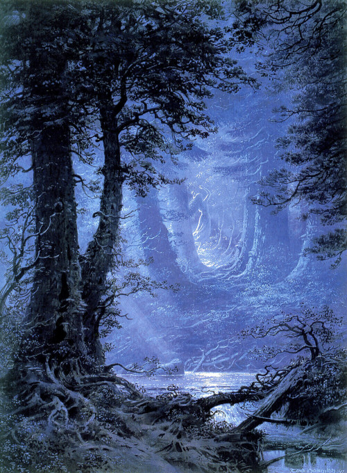 tolkienillustrations:Moonlight in Neldoreth Forest by Ted Nasmith