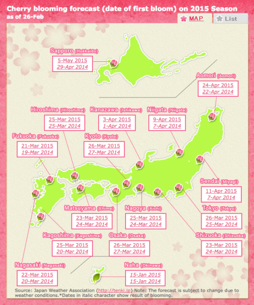 agirlinjapan:mochiandmagnolias:japanloverme:Cherry Blossom Forecast 2015 as of Feb 26.Get real-time 