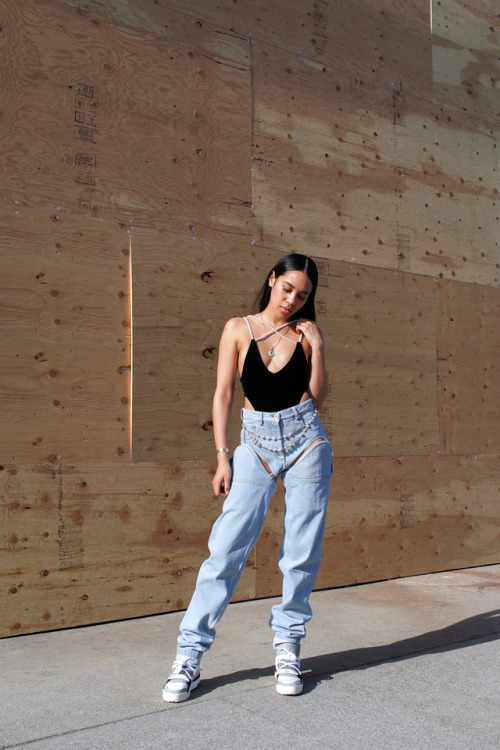 Aleali May wearing Y/PROJECT velvet body and cut out jeans Shot by Allen Park