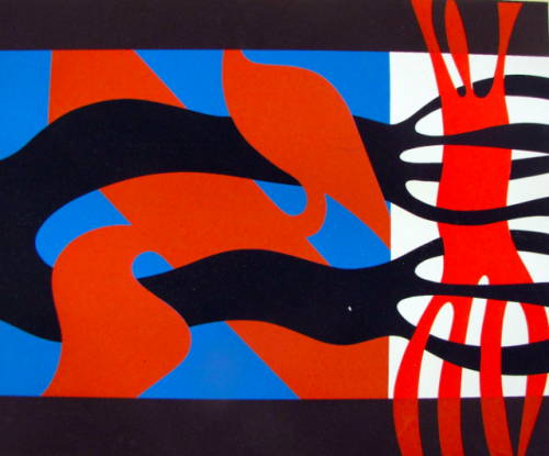 ein-bleistift-und-radiergummi:1980s Abstract Colour Woodcut - Artist Unknown.(via eBay)