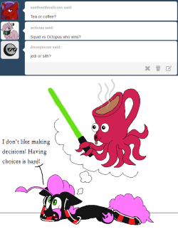 darkfiretaimatsu:  Picking one thing over another is really hard! Especially several at a time, and then they just kind of blur together~ Are coffee squids superior to tea squids? Does the number of tentacles affect Force alignment? Do Sith take their