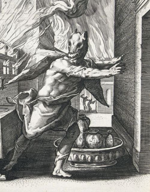 Zeus turning Lycaon into a wolf (detail) by Hendrick Goltzius, 1589.