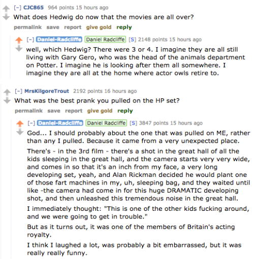 cottognapple:simplypotterheads:HP + HP cast related questions in Daniel Radcliffe’s Reddit AMA (27 O