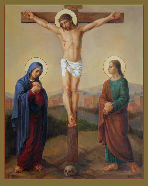 Twelfth Station Jesus dies on the Cross
On the uppermost part of the Cross the reason for the sentence is written: Jesus of Nazareth King of the Jews (John 19:19). And all who pass by insult him and jeer at him.
If he is the king of Israel, let him...