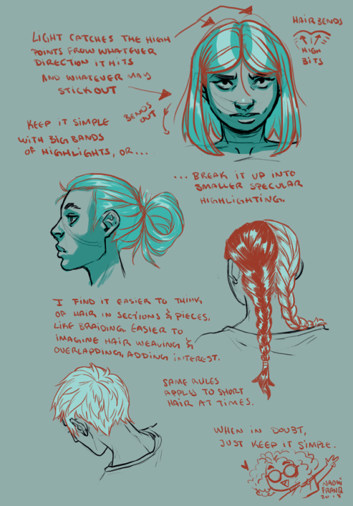 naomifranq:I jotted down for a friend of mine some tips and notes on how I approach drawing hair, and things I keep in mind while doing so, and thought I’d share. There are loads of other ways to do it, and the learning never stops, so I hope this helps!