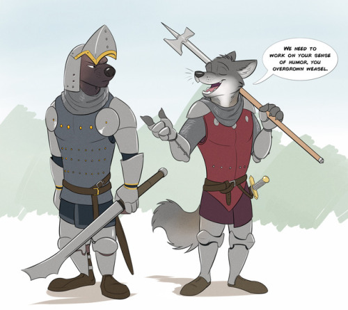 temiree:   Commission for KnightEclipse on DeviantArt,   featuring his characters Trisden (wolverine), Rowan (gray wolf), and  dialogue by the commissioner! Their personalities clash a little, as you  can see here, heheh…                   