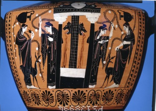 ancientpeoples:  Pottery: black-figured hydria. Designs in black on red panels, with borders as last; accessories of white and purple. In the centre a building with a centre pillar and two Doric columns with white caps and architrave; above is a pediment