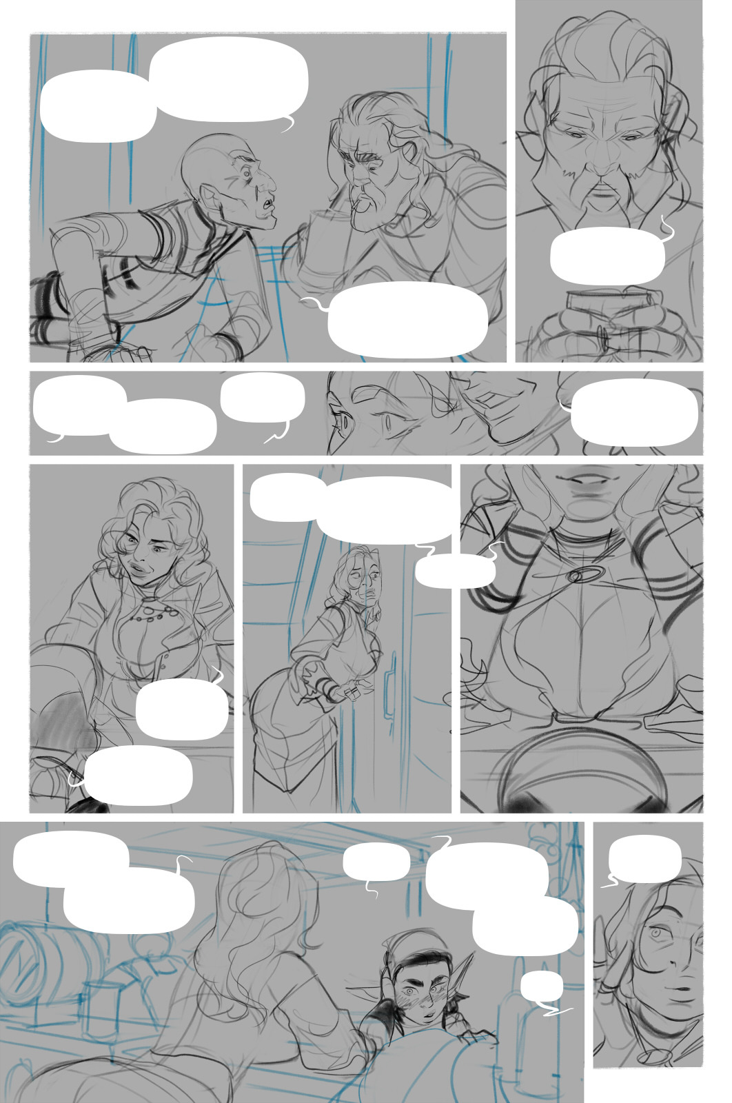 Sketches/inks for pages 19-22. No porn in sight, but there are some milf tavern owner