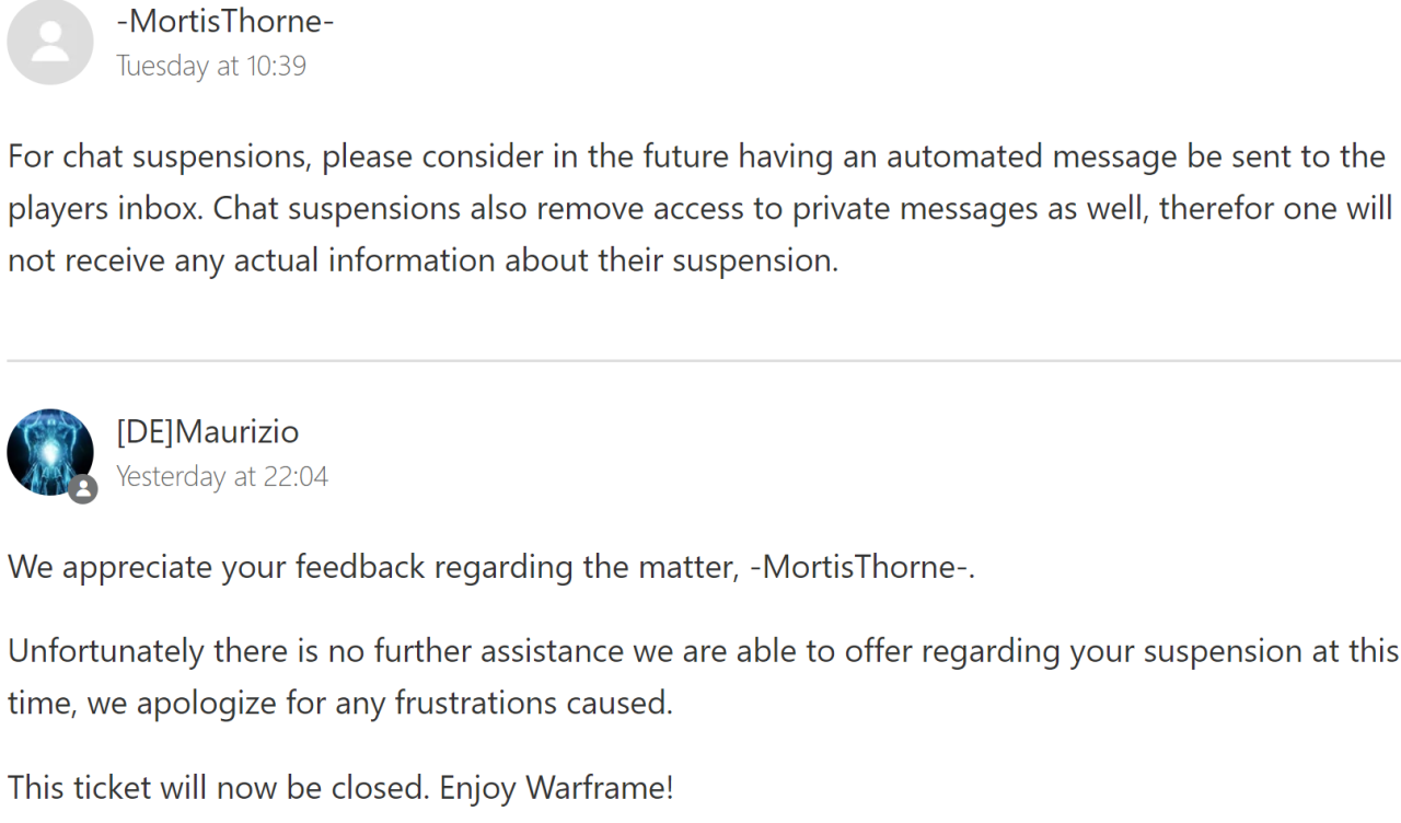 Warframe how long does chat suspension last