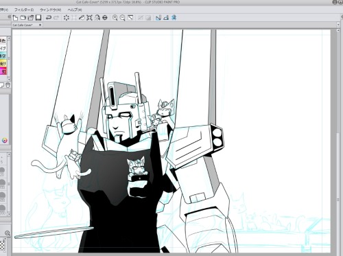 Slowly making progress on the doujin cover…! I think I need to fix Ultra Magnus’ torso a bit because it’s feeling a little short… Four more cats to draw too!