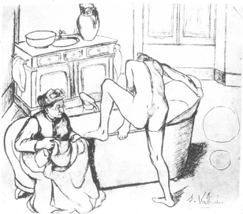 Nude Getting into the Bath beside the Seated Grandmother, 1908, Suzanne ValadonMedium: crayon,paper