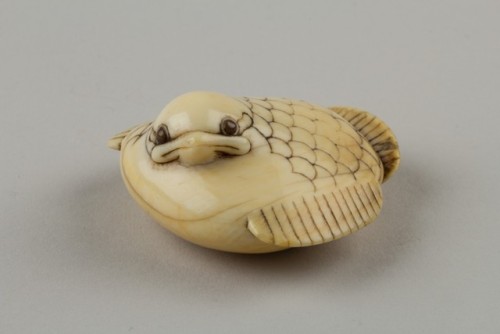 artistsanimals:Title: Netsuke of a Plum sparrowDate: late 18th centuryCulture: JapanMedium: IvorySiz