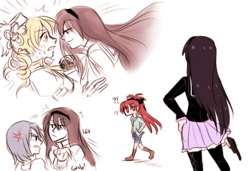 messy AU doodles inspired by evil!homu reveals gaspp the plot is the common magical girl trope of an evil magical girl that messes shit up and then the good magical girls need 2 stop her and turn her to the side of good and maybe the leader one kisses