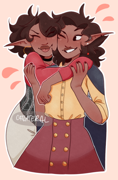 catlateralart:i love??? them[image description: a drawing of Lup hugging Taako from behind, their fa