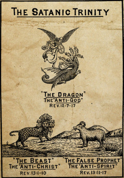 danskjavlarna: “The Satanic trinity: the Dragon (the ‘Anti-God’), the Beast (the ‘Anti-Christ’), and the False Prophet (the ‘Anti-Spirit’).  From Rightly Dividing the Word by Clarence Larkin, 1921. Context: Weblog | Books | Videos | Music