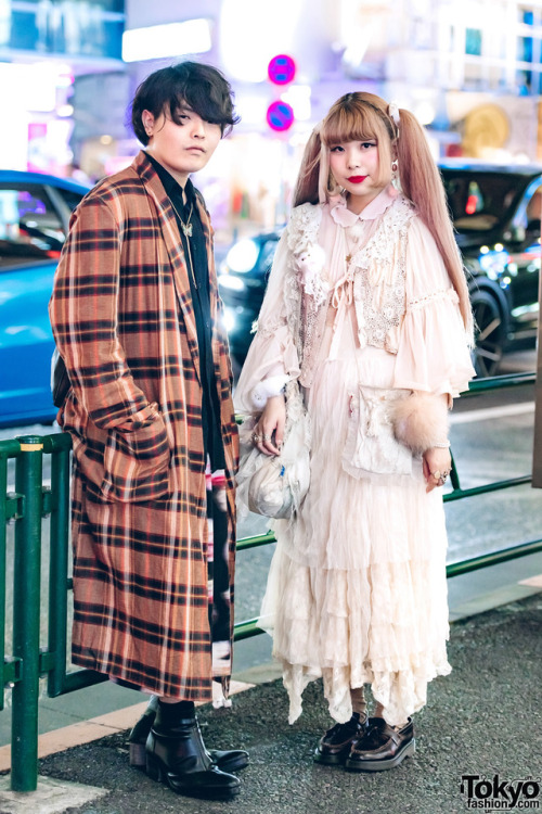 Japanese designers Shota and Yukarin on the street in Harajuku wearing vintage and antique fashion w