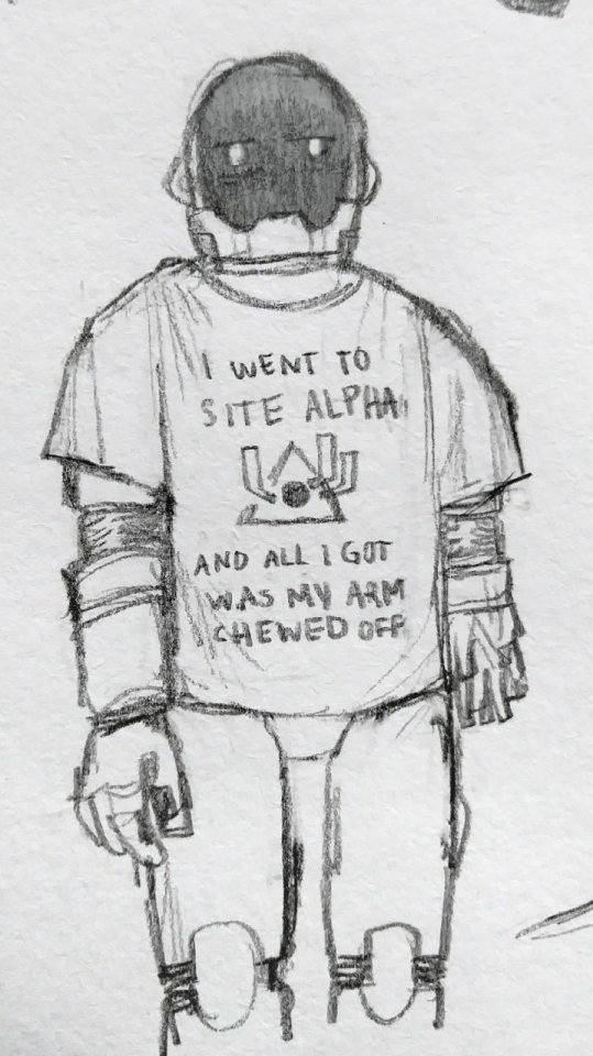 a drawing of Simon, with his left hand missing, & the area of the power suit around the wrist broken & frayed. He's wearing a shirt that says "I went to Site Alpha and all I got was my arm chewed off," with the Alpha logo on it. His eyes portray his disgruntled expression.