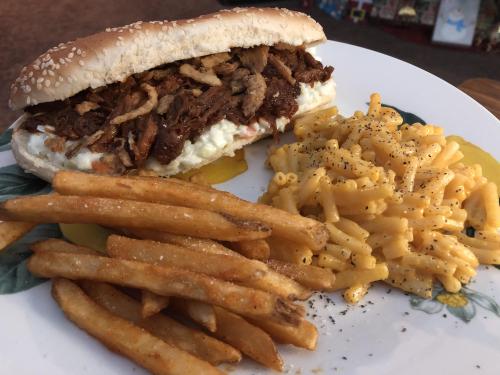 greatfoods: Homemade BBQ sandwich with coleslaw and fried onions. Poor mans Mac n cheese and salty f