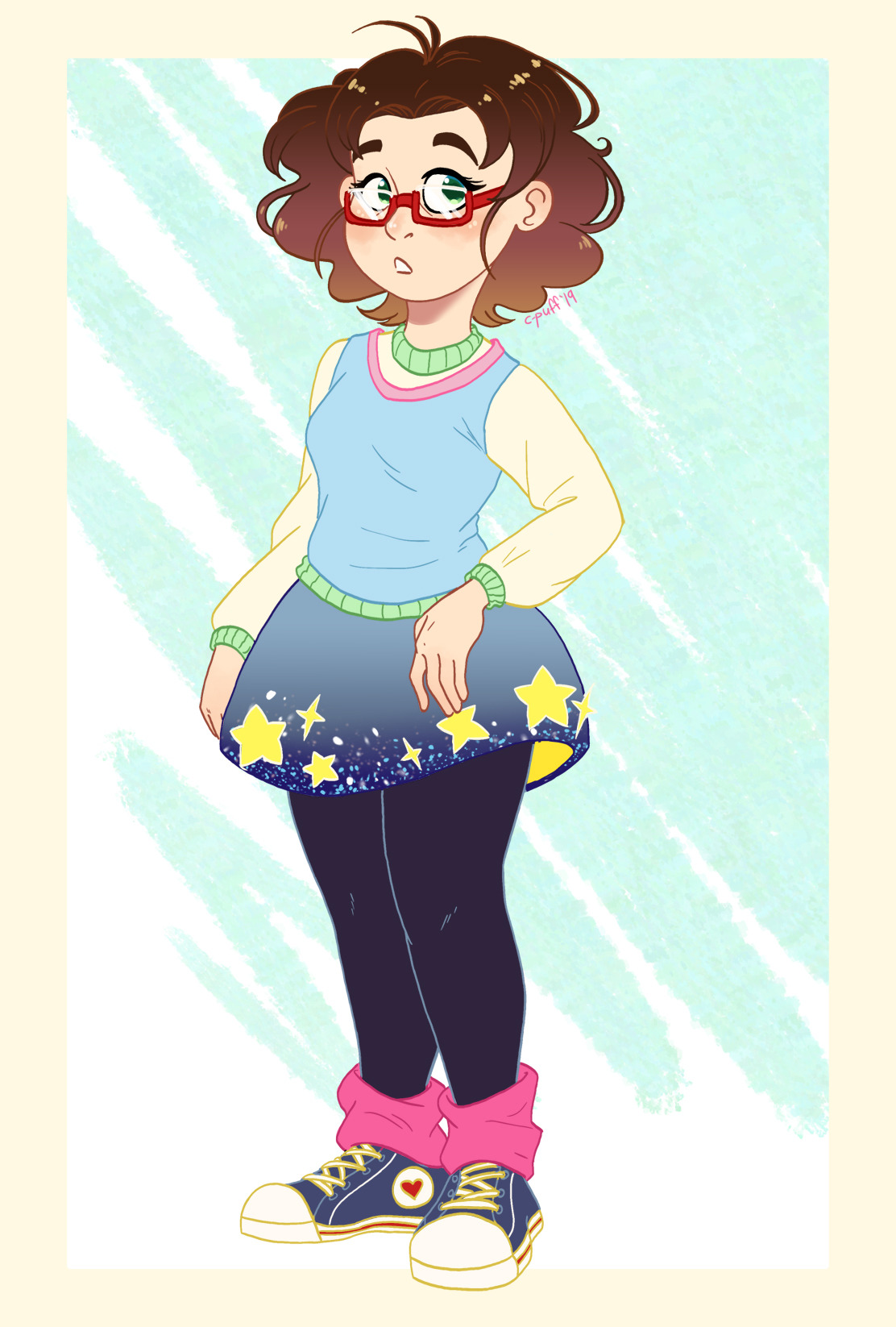 I finally caved and made my own Self-Insert/Reader
I’m worried I made her outfit too intricate but it’s basically just leggings + skirt + t-shirt or sweater of some kind. Converse. Colourful socks. Or like literally what my Eyeball sona wears which...