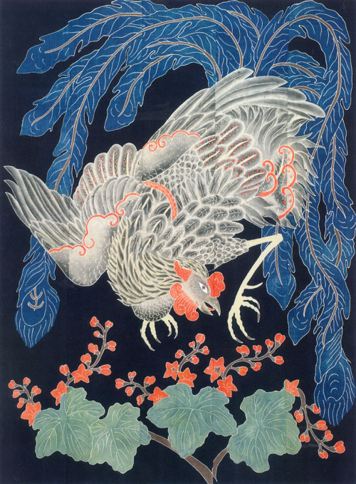 yajifun: Futon cover with tsutsugaki phoenix and paulownia Portland Art Museum 筒描き染めの蒲団地 桐に鳳凰　19世紀末～