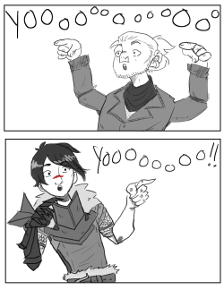 kitzwitt:  cannon varric hawke reunion  they have amazing lung capacity  