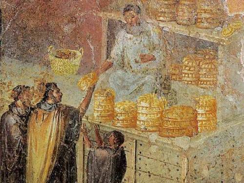 classics-suggestion:verdeste:Fresco with two men buying bread, found in the house of a baker, Pompei