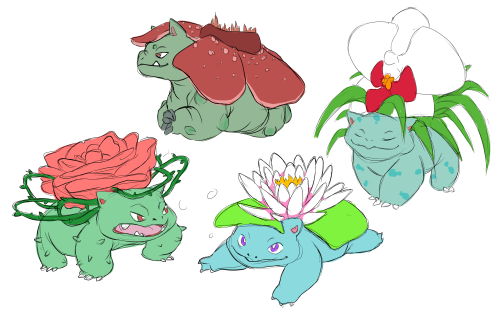 nsupremdrawings: I did some Venusaur variations! They are: rafflesia, orchid, rose, water 