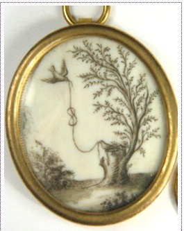 1) Victorian love bird carrying two hearts to a beloved. 2) Georgian sepia on ivory pendant of two l