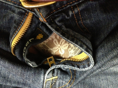 Mine too. Royal blue thong today. Love it  myslutbelongstome:  renard1117:  Lace thong 2. Lace is hiding in my jeans at work.  Love the little peek of lace