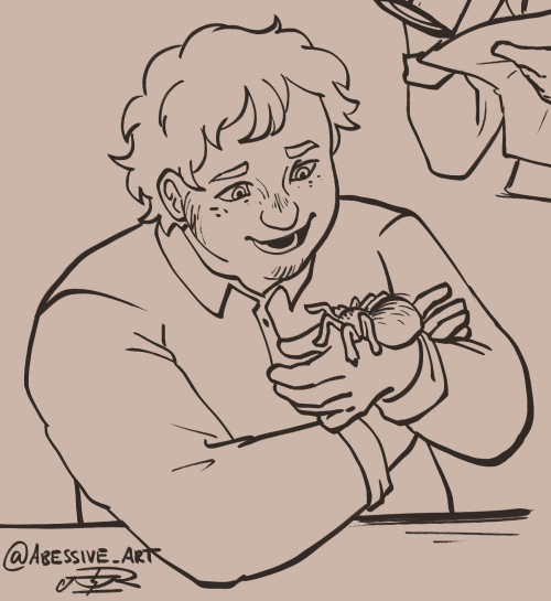 A sketch in the same style, of Martin Blackwood. He is smiling, looking down adoringly at a pet tarantula which he holds in his left hand.