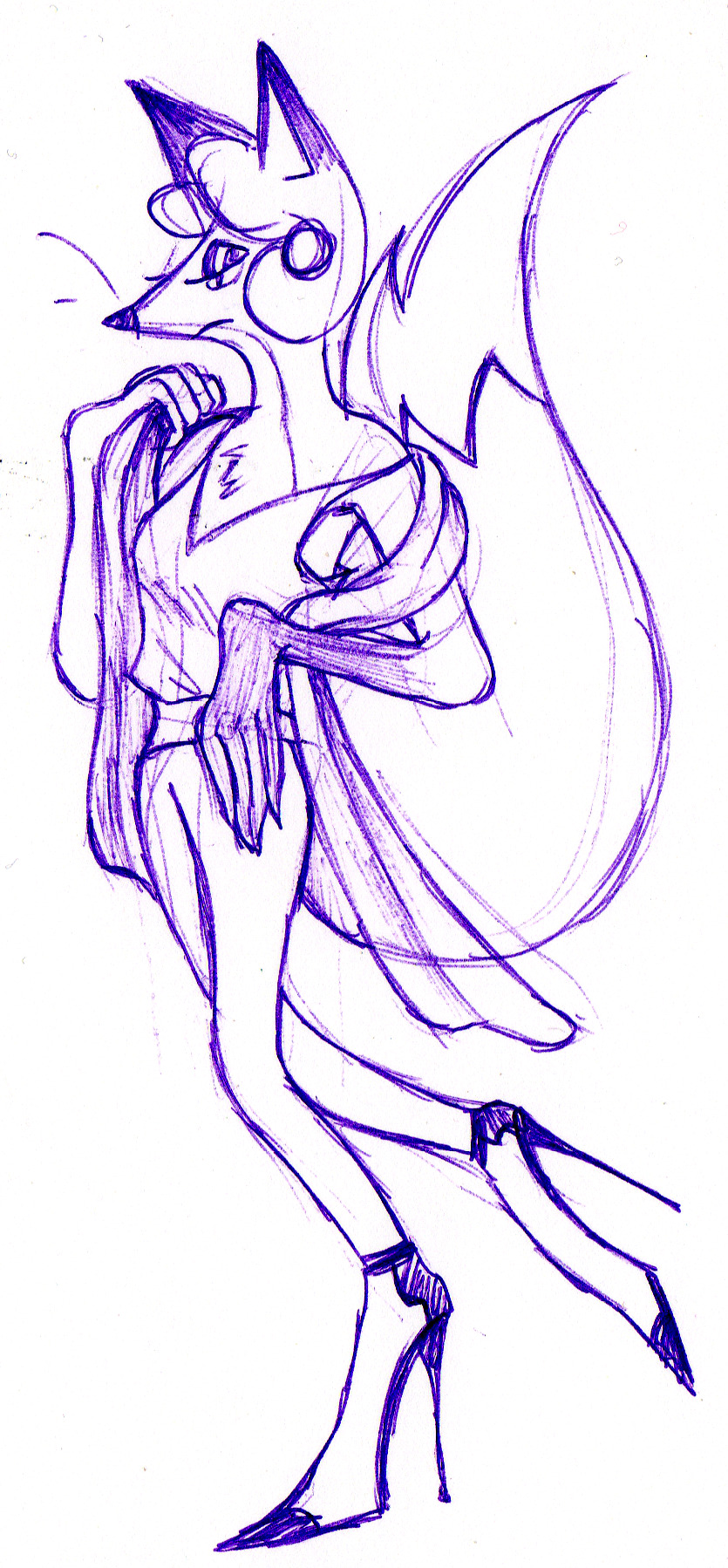 A ballpoint sketch of a thin fox anthro lady, wearing a small light top, a slim pair of trousers, long stilleto heels, and a scarf across her arms. She's wearing a large round earring reminescent of the earth on the firefox logo.