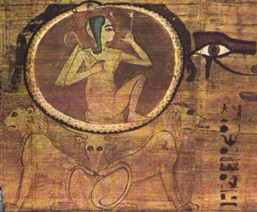 Papyrus of Dama-HeroubHarpocrates (”Horus the Child”) depicted within the sun disc, rest